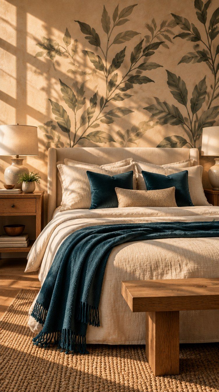 Bright bedroom with white bedding, a black table lamp, and a wood nightstand