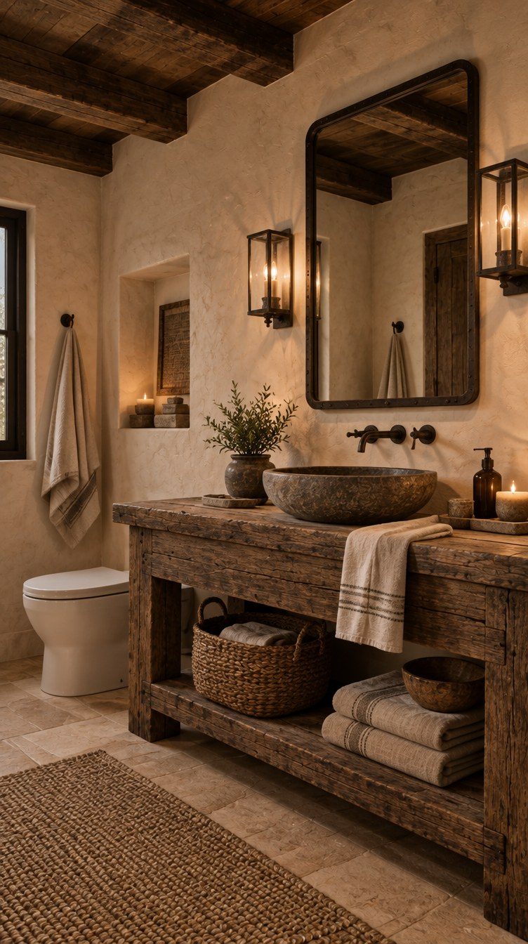Narrow bathroom vanity with a black faucet, round mirror, and marble tile