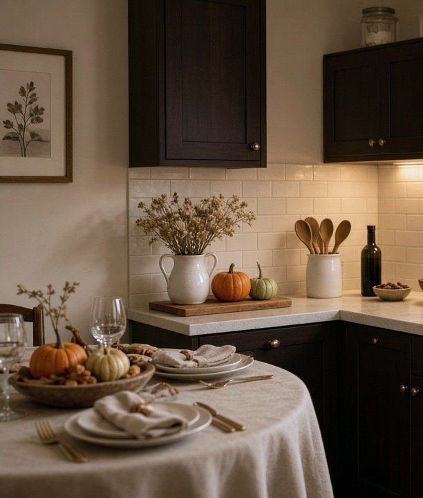 White kitchen counter with a small cream pumpkin, a brass vase of dried stems, and a wooden board