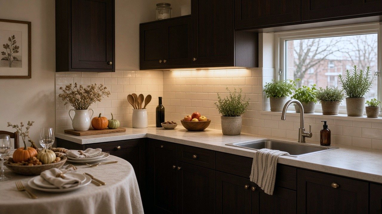 Bright white kitchen with a cream pumpkin and a brass vase of dried stems on the counter
