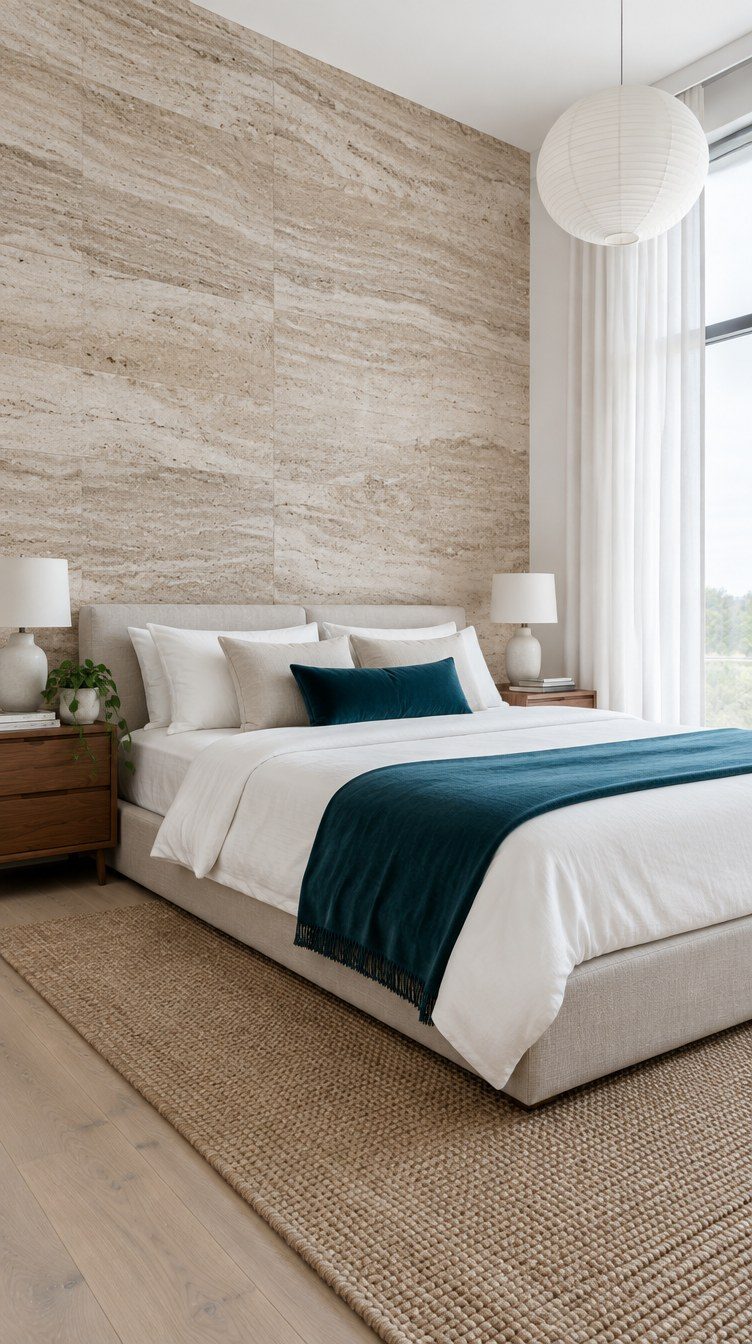 Moody bedroom with a grey upholstered bed, white bedding, a black lamp, and a textured headboard